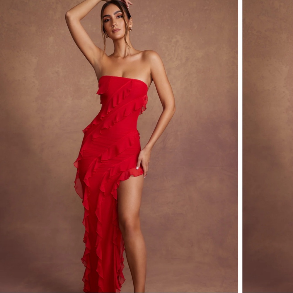 Oh Polly Red Asymmetrical Strapless Dress